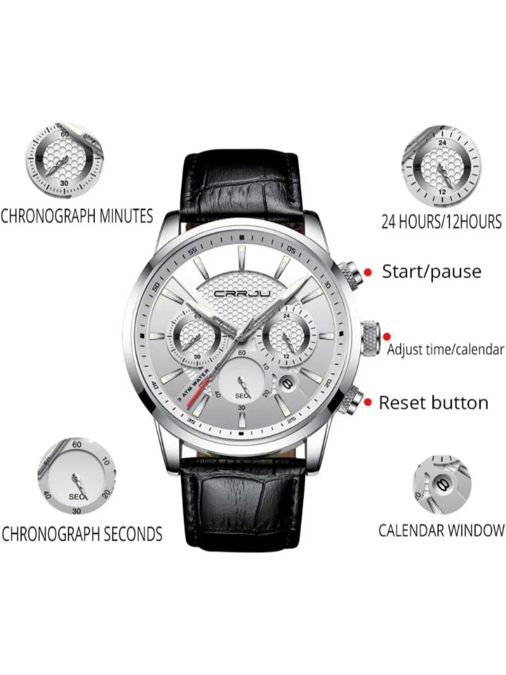 Mens White Black Leather Strap Casual Chronograph Quartz Waterproof Wrist Watch